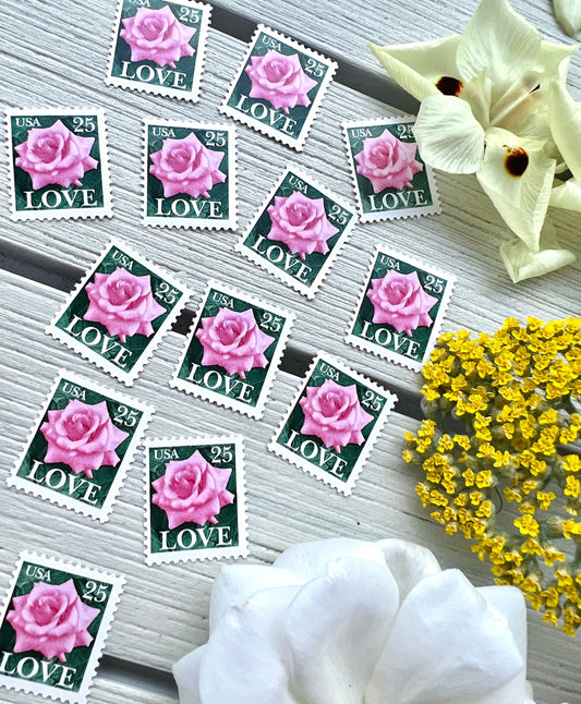 Love Pink Rose Postage Stamps - 25 Vintage Floral USPS Stamps For Wedding Invites - Additional Ounce Flower