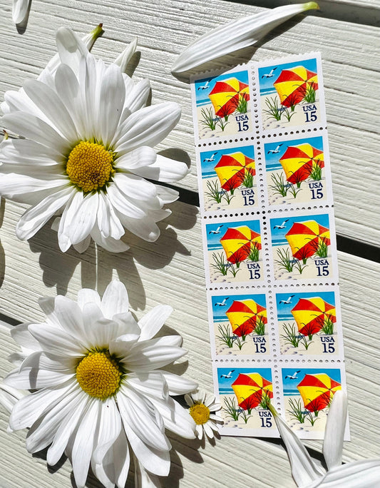 Vintage Beach Postage Stamps - 20 Beach Umbrella USPS Unused Stamps - Summer Wedding Invitations