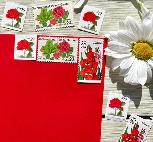 Vintage Floral Curated Postage Stamp Set - Red Flower USPS Stamps for Invitations and Birthday Cards