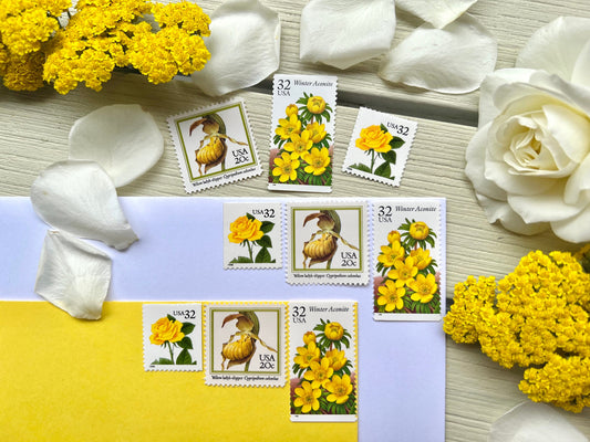 Yellow Floral Postage Stamp Set - Curated Yellow USPS Stamps for 15 Envelopes - Yellow Rose and Flowers