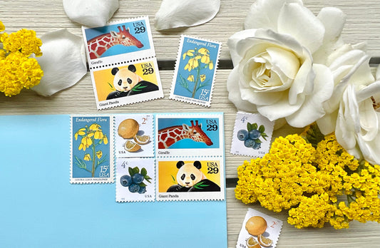 Blue and Yellow Postage Stamps - Baby Shower Invites, Baby Announcement, Zoo Wedding - USPS Curated Stamp Set