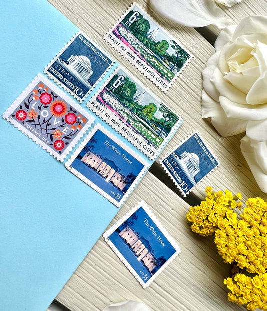 Washington DC Postage Stamp Set - Curated Blue and Teal USPS Stamps for 8 Envelopes - White House & Capitol Stamps for Mailing