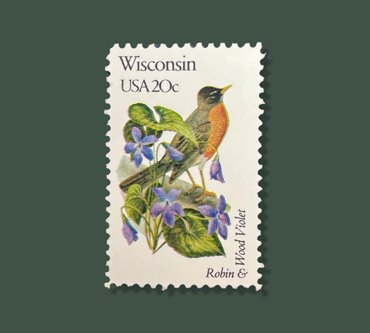 25 Vintage Wisconsin State Flower & Bird Stamps - Milwaukee/Madison/Green Bay USPS Stamp - Wood Violet Postage Stamp