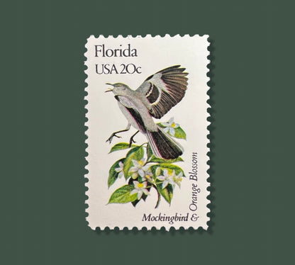 Vintage Florida Postage Stamp Set - State Flower & Bird, Gator, Pink Coral Rose