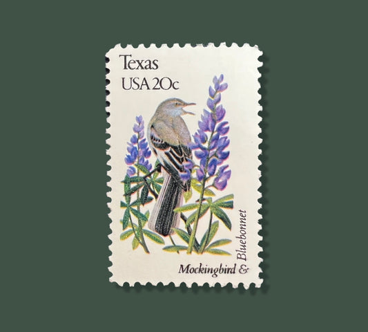 25 Vintage Texas State Flower & Bird Stamps -  Houston/Dallas/Austin/San Antonio USPS Stamp - Bluebonnet Postage Stamp