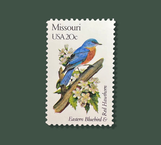 25 Vintage Missouri State Flower & Bird Stamps - St Louis USPS Stamp - Red Hawthorne Postage Stamp