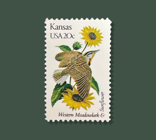 25 Vintage Kansas State Flower & Bird Stamps - Wichita/Kansas City/Overland USPS Stamp - Sunflower Postage Stamp