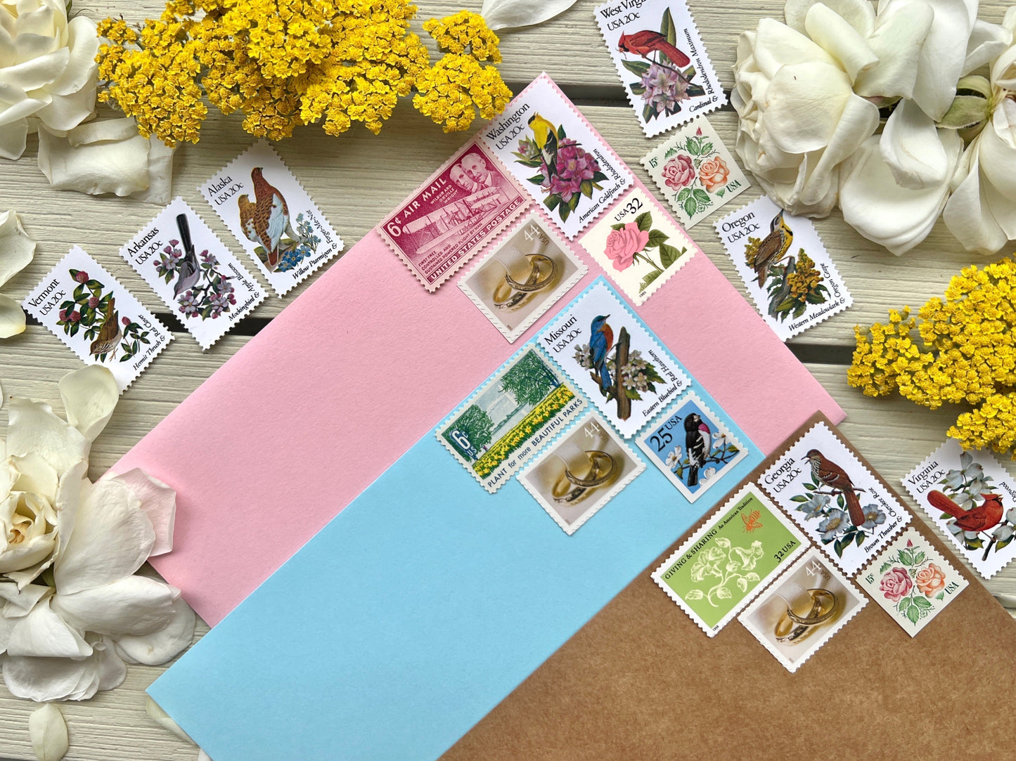 25 Vintage Kansas State Flower & Bird Stamps - Wichita/Kansas City/Overland USPS Stamp - Sunflower Postage Stamp